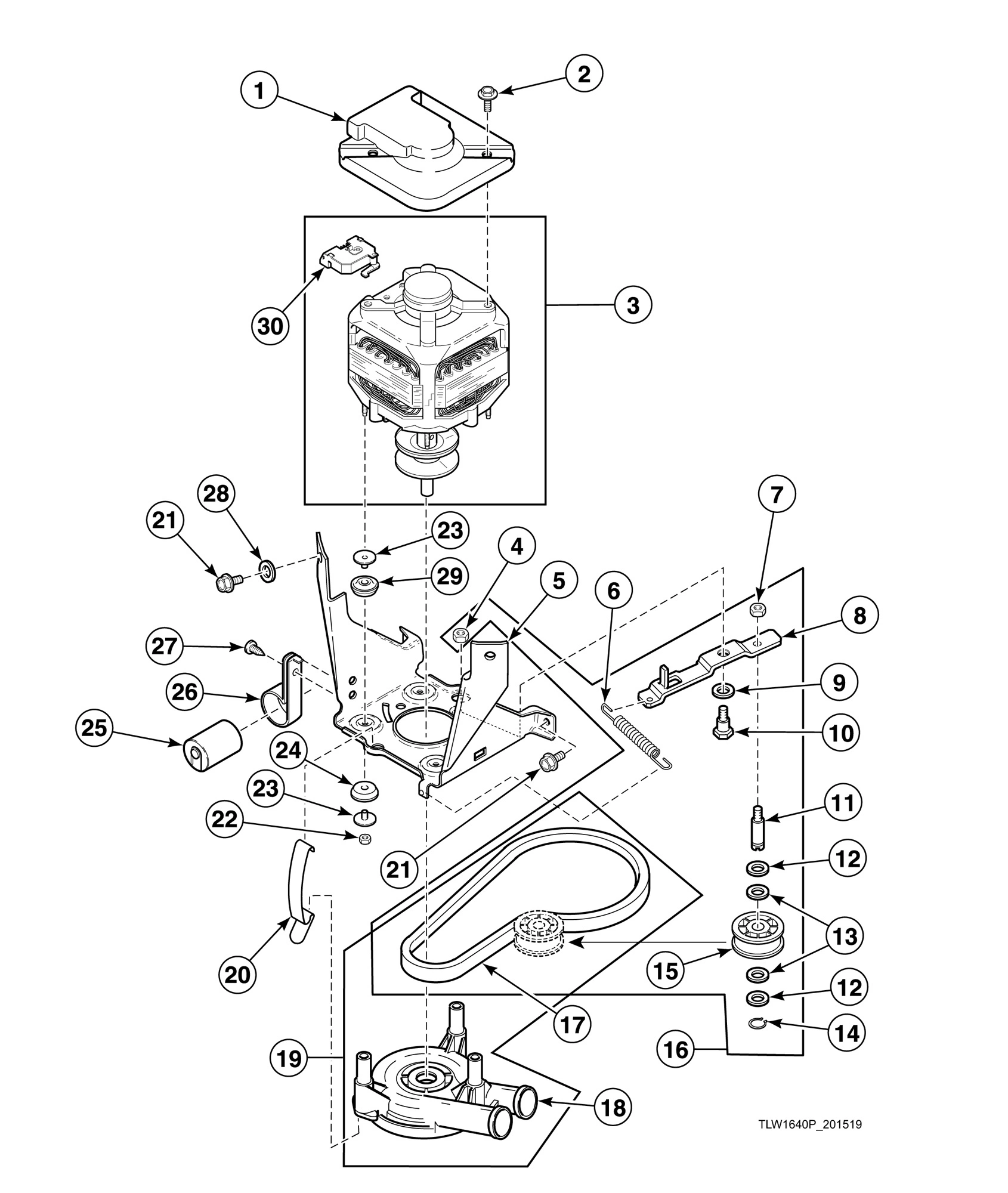 Motor, Mounting Bracket, Belt, Pump and Idler Assembly