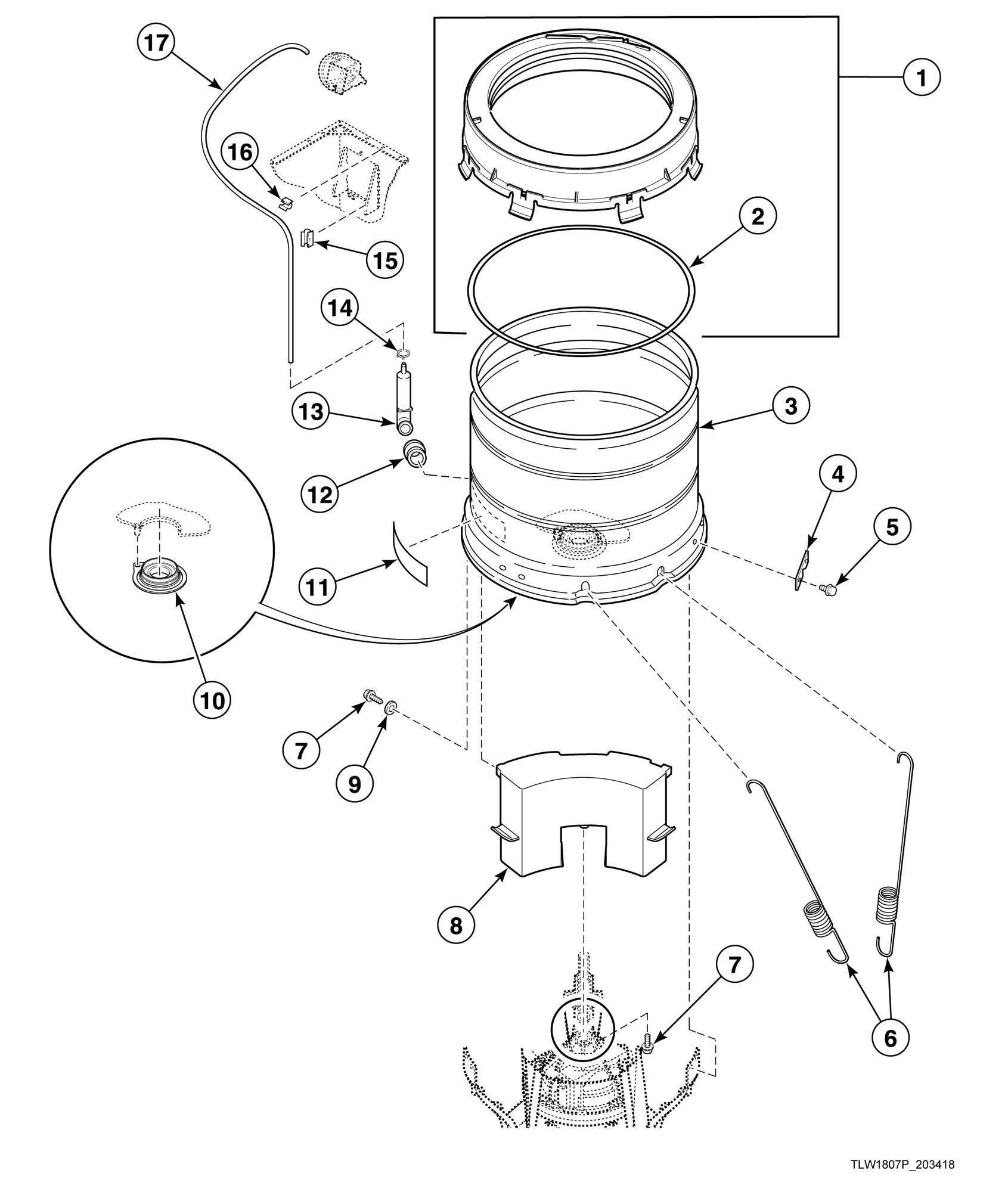 Outer Tub, Cover, Bearing and Seal Housing, Pressure Hose and Counterweight