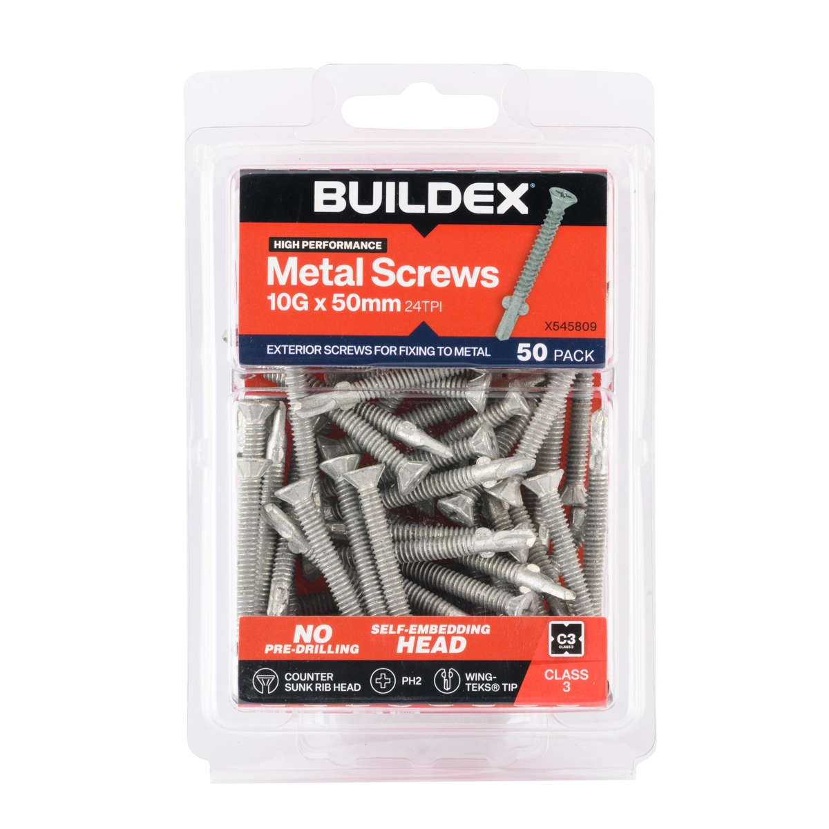 Buildex® 10G x 50mm Class 3 Sheet Metal Screws (Countersunk Rib Head) – 50 Pack