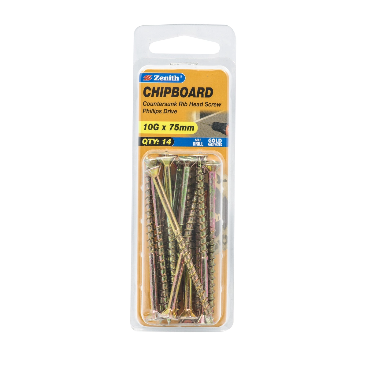 ZENITH® 10G x 75mm Gold Passivated Chipboard Screws – 14 Pack