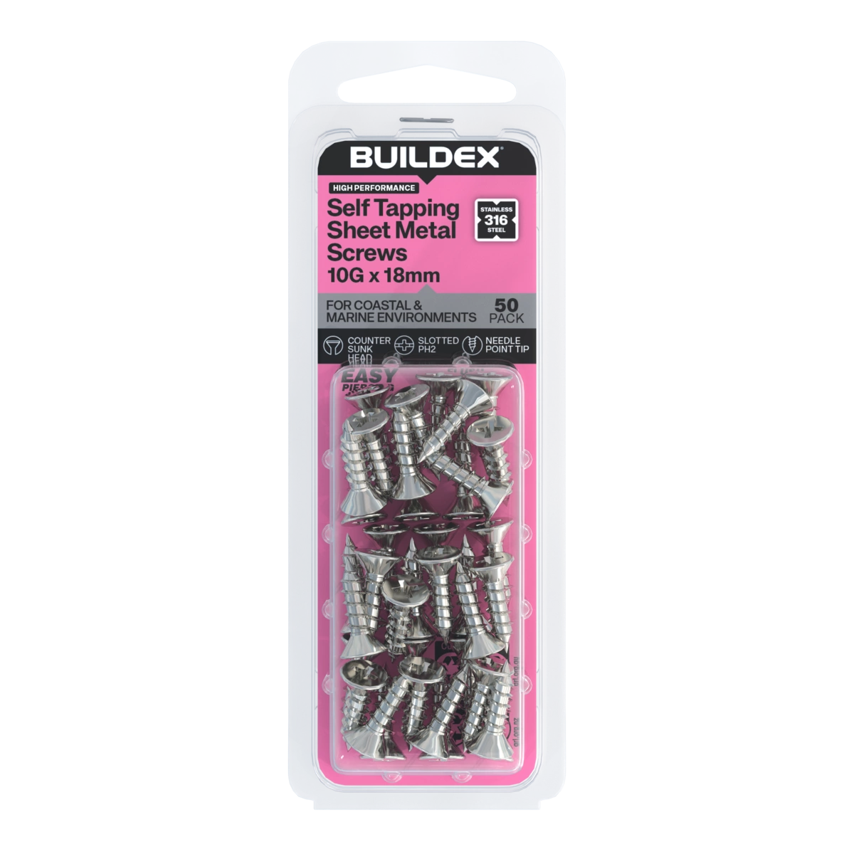Buildex® 10G x 18mm SS316 Self Tapping Sheet Metal Screws – 50 Pack