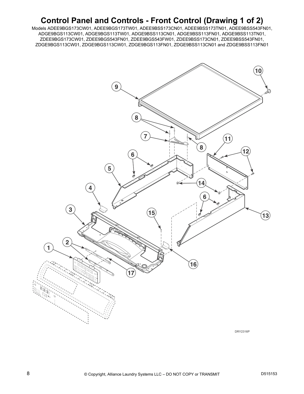Control Panel and Controls - Front Control (Drawing 1 of 2)