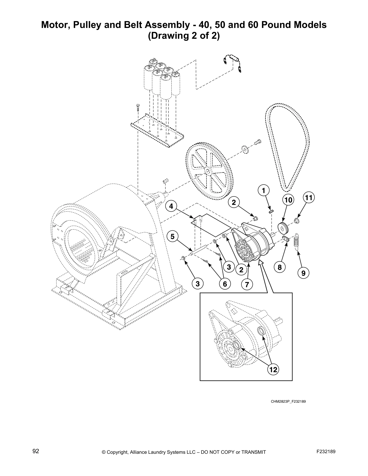 Motor, Pulley and Belt Assembly - 40, 50 and 60 Pound Models
(Drawing 2 of 2)