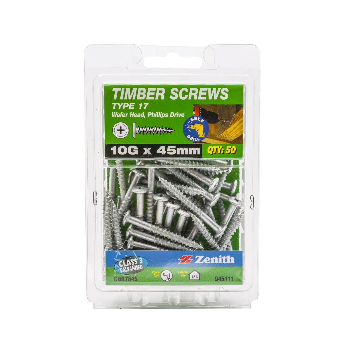 ZENITH® 10G x 45mm Class 3 Galvanised Timber Screws (Wafer Head) – 50 Pack