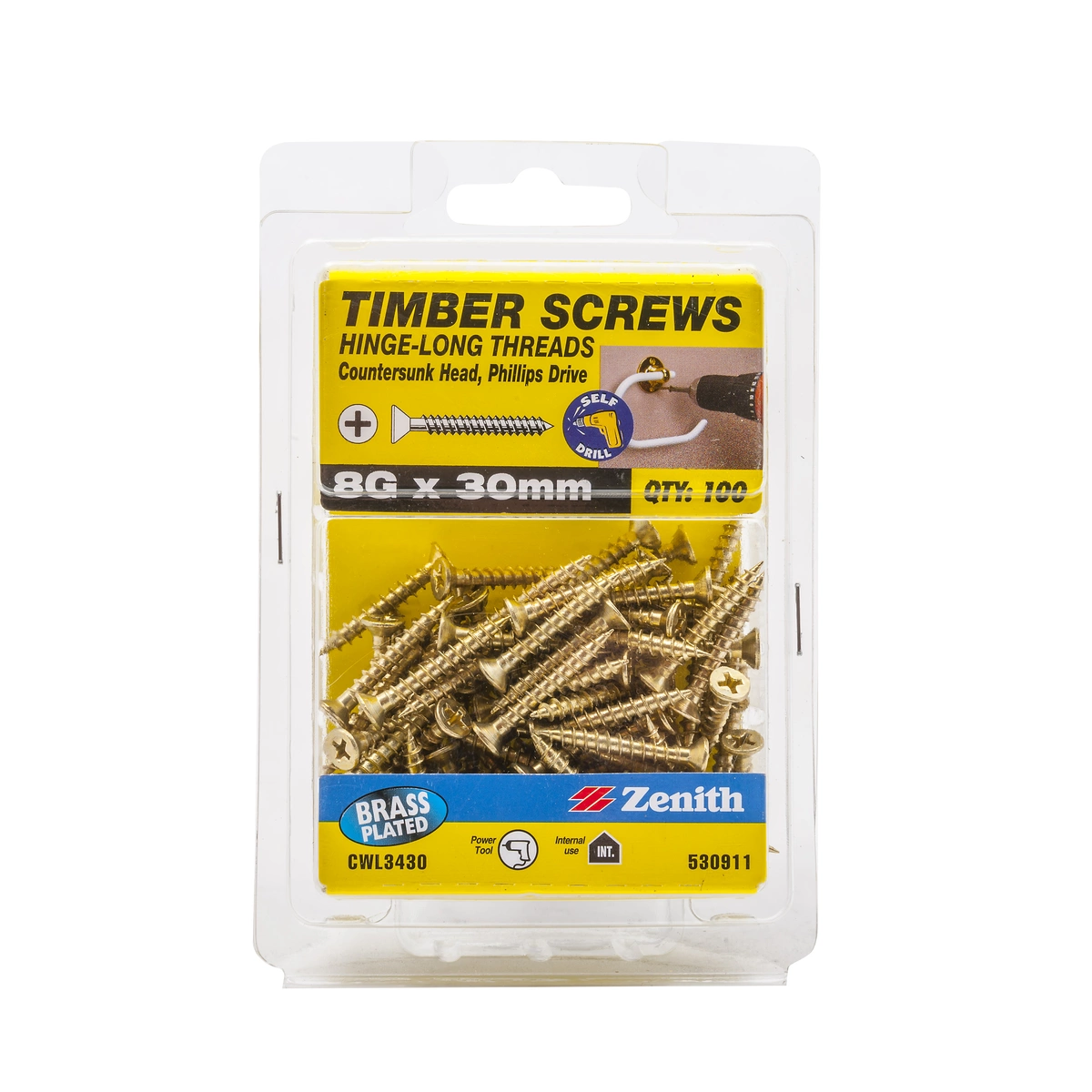 ZENITH® 8G x 30mm Brass Plated Timber Screws – 100 Pack