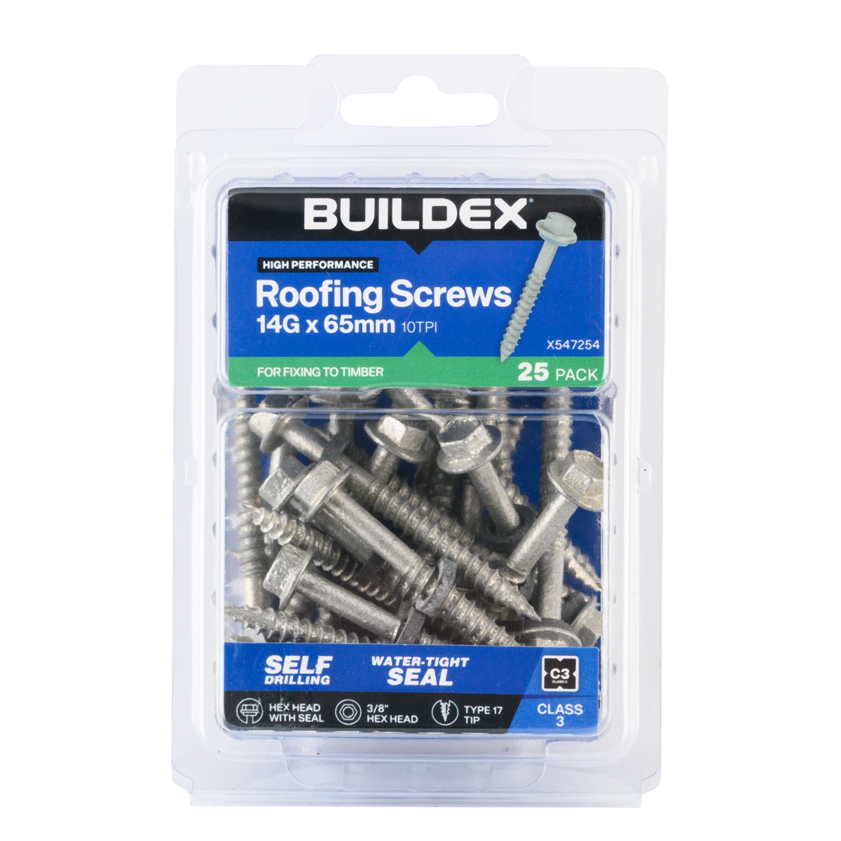 Buildex® 14G x 65mm Class 3 Roofing Screws with Seal – 25 Pack