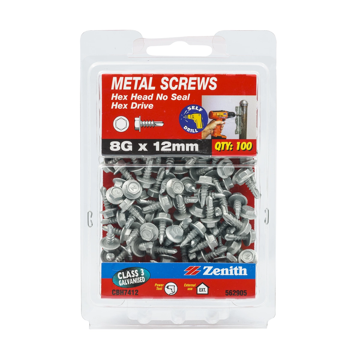 ZENITH® 8G x 12mm Class 3 Galvanised Metal Screws (External Hex Drive) – 100 Pack