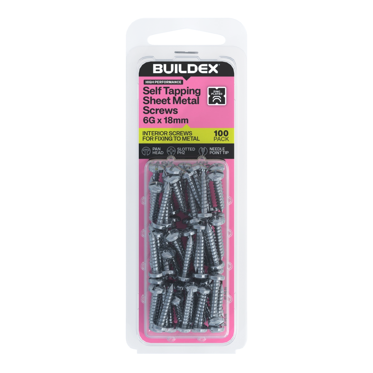 Buildex® 6G x 18mm Zinc Plated Self Tapping Sheet Metal Screws – 100 Pack