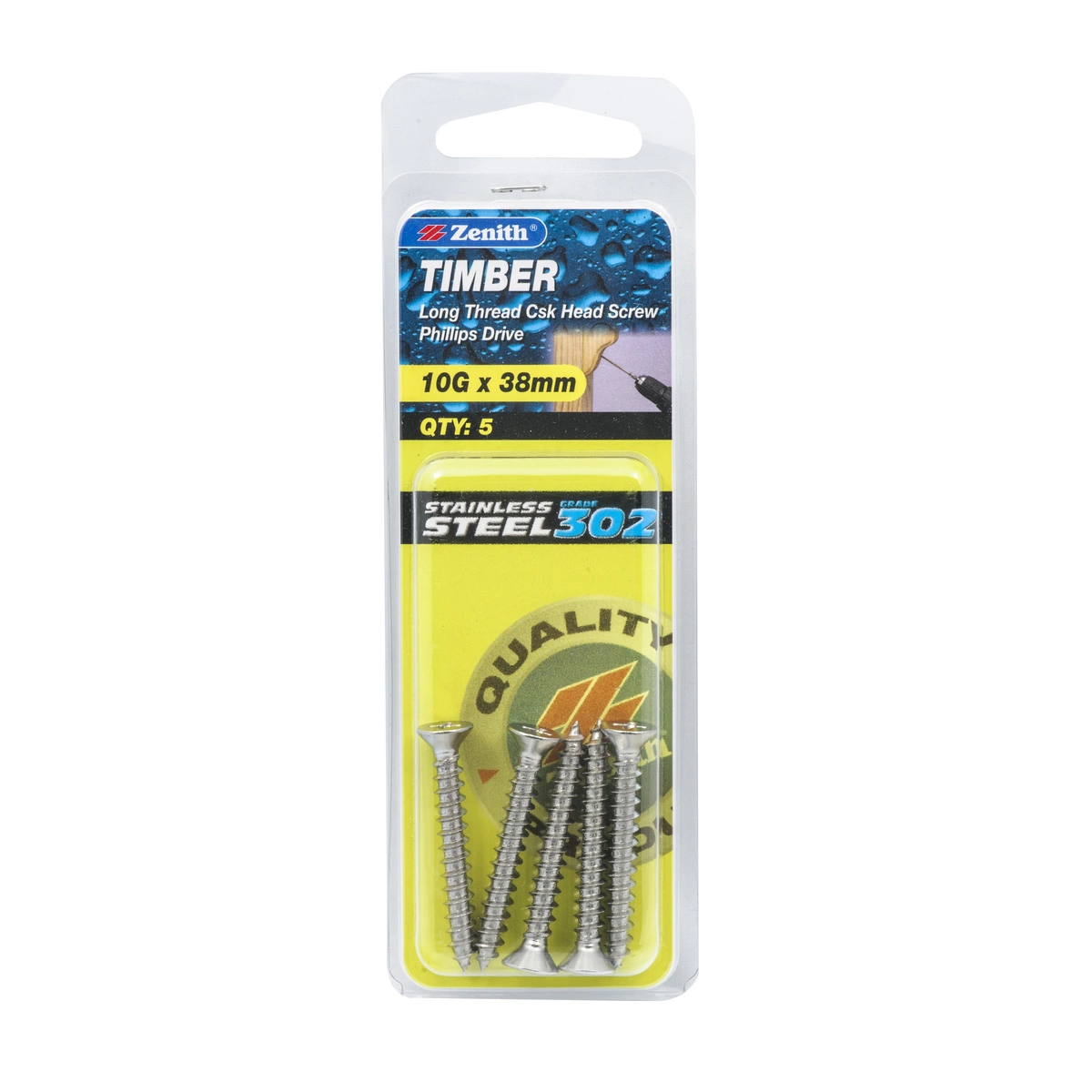ZENITH® 10G x 38mm 304 Stainless Steel Timber Screws – 5 Pack