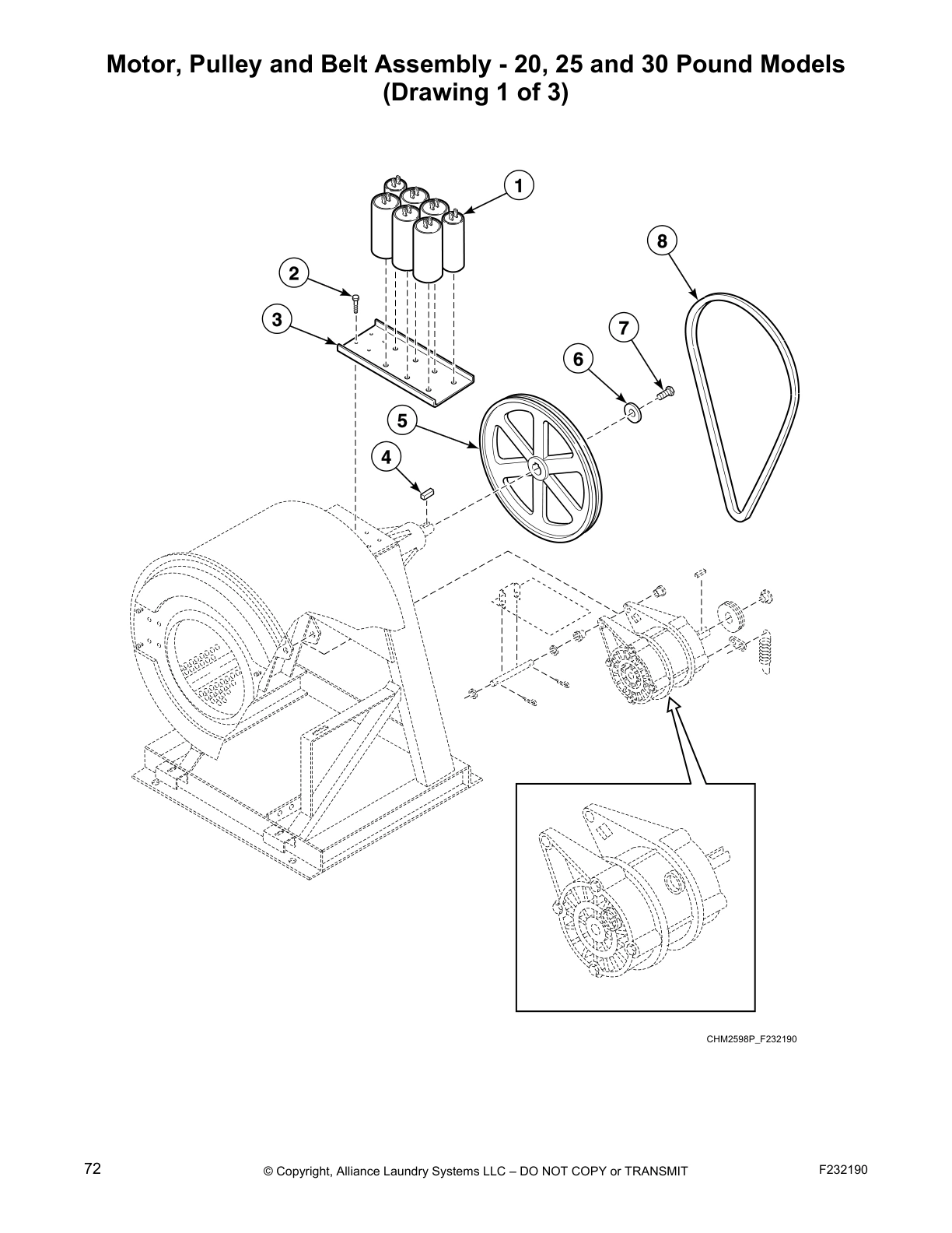 Motor, Pulley and Belt Assembly - 20, 25 and 30 Pound Models
(Drawing 1 of 3)