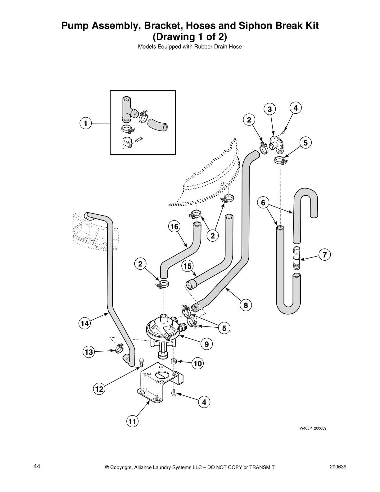 Pump Assembly, Bracket, Hoses and Siphon Break Kit
(Drawing 1 of 2)