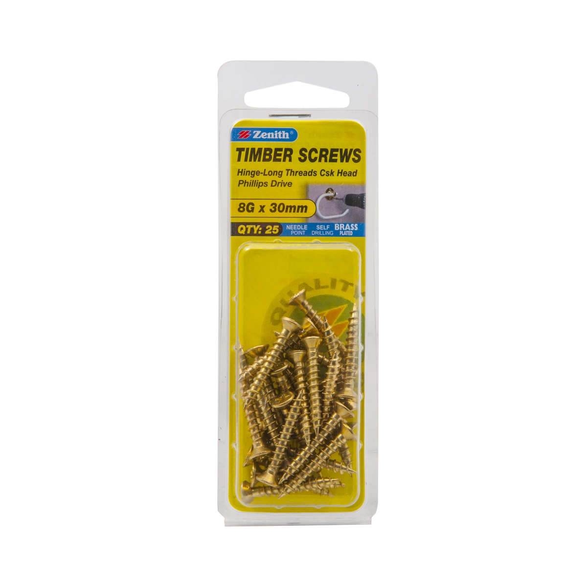 ZENITH® 8G x 30mm Brass Plated Timber Screws – 25 Pack