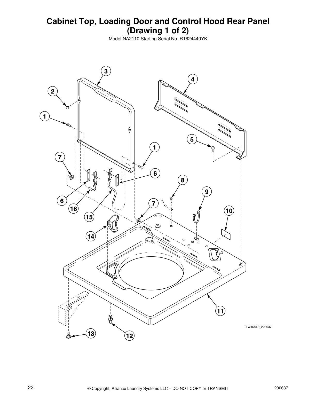 Cabinet Top, Loading Door and Control Hood Rear Panel
(Drawing 1 of 2)