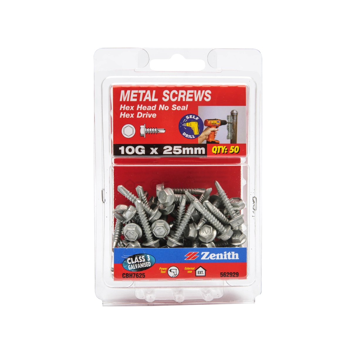ZENITH® 10G x 25mm Class 3 Galvanised Metal Screws – 50 Pack