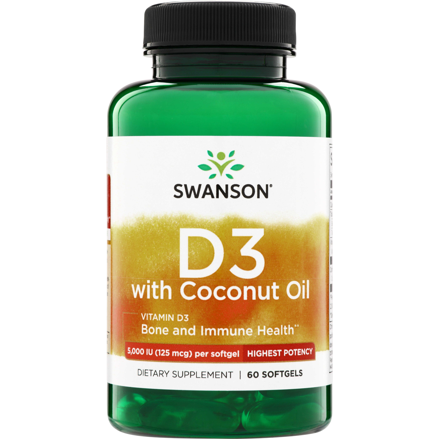 Swanson Vitamins Vitamin D3 with Coconut Oil - Highest Potency | 5000 Iu | 60 Soft Gels | Vitamin A