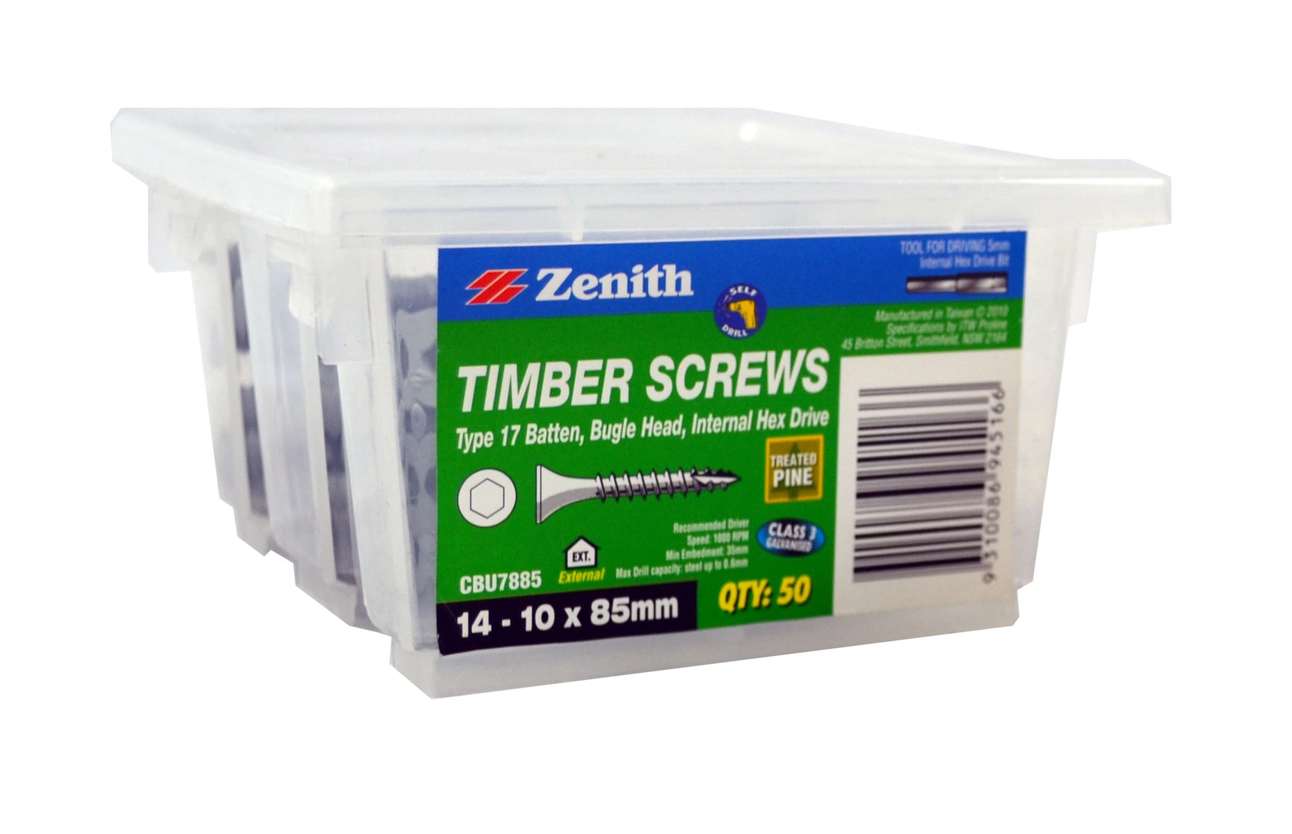 ZENITH® 14G x 85mm Class 3 Galvanised Bugle Batten Screws – 50 Pack