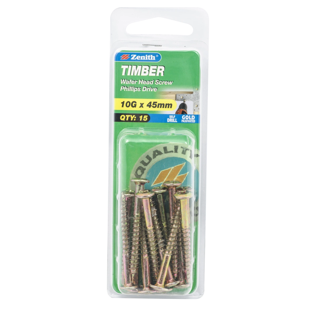 ZENITH® 10G x 45mm Gold Passivated Timber Screws – 15 Pack