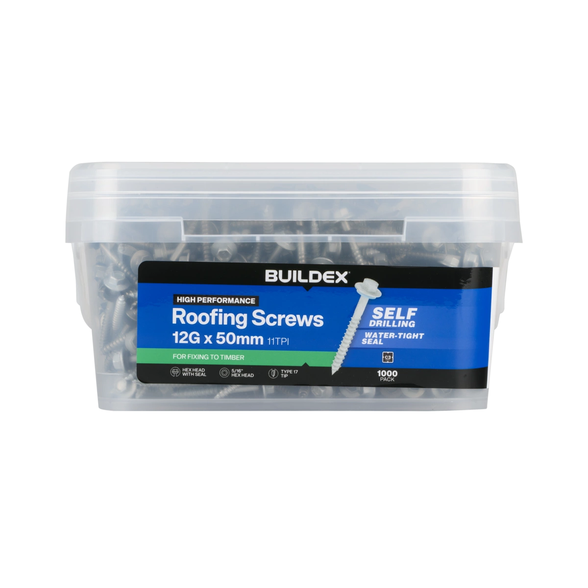Buildex® 12G x 50mm Class 3 Roofing Screws with Seal – 1000 Pack