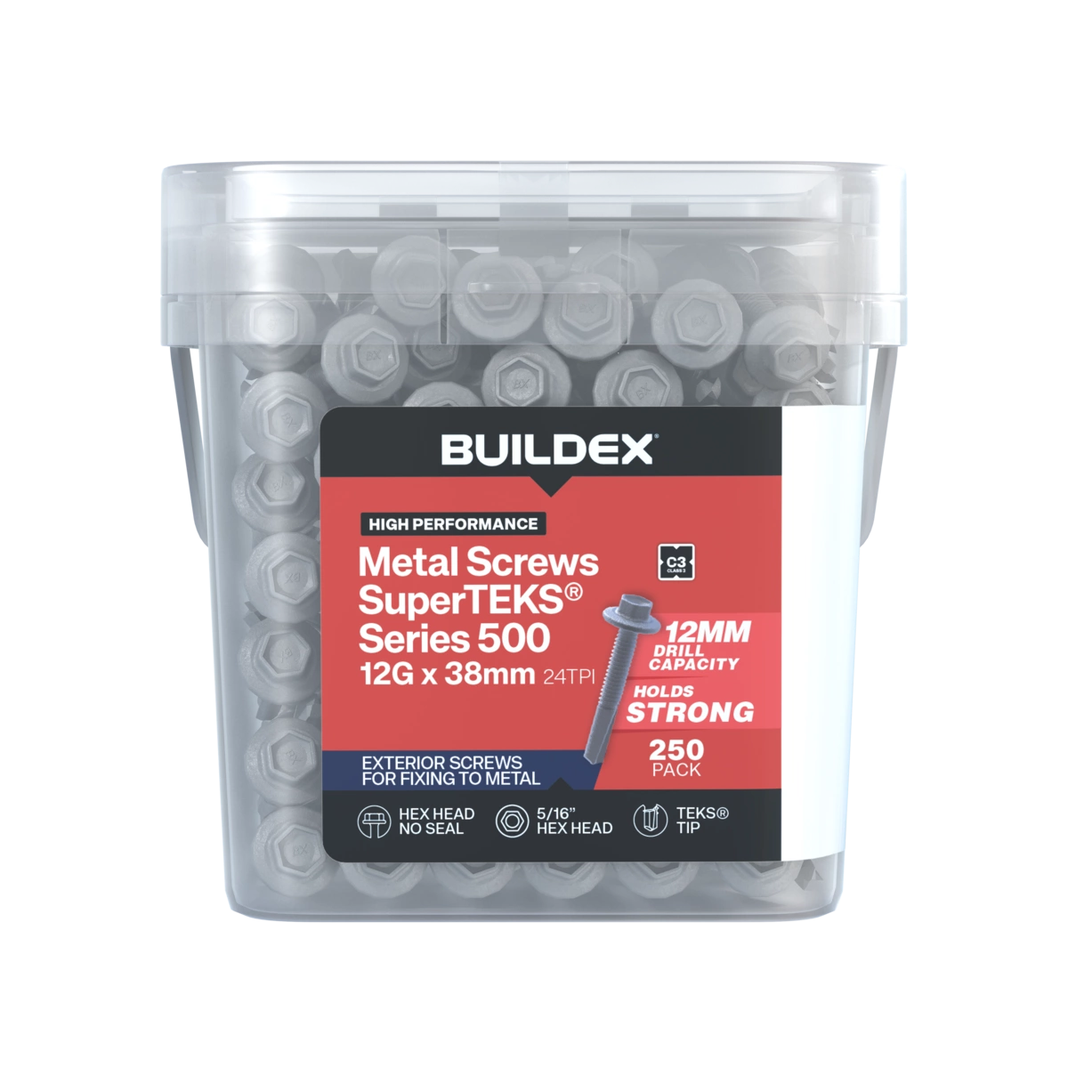 Buildex® 12G x 38mm Class 3 Galvanised SuperTEKS® Series 500 Screws – 250 Pack