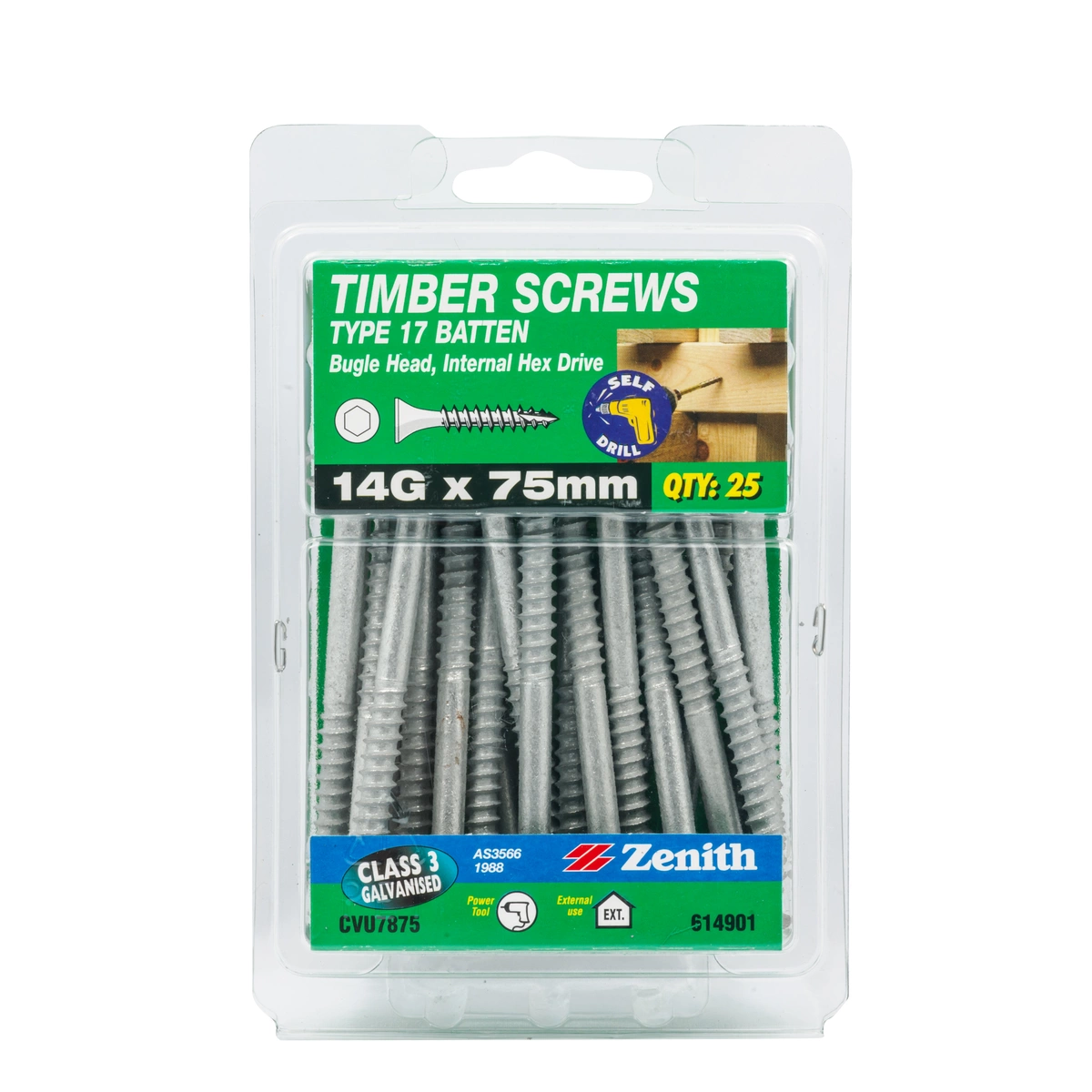ZENITH® 14G x 75mm Class 3 Galvanised Bugle Batten Screws – 25 Pack