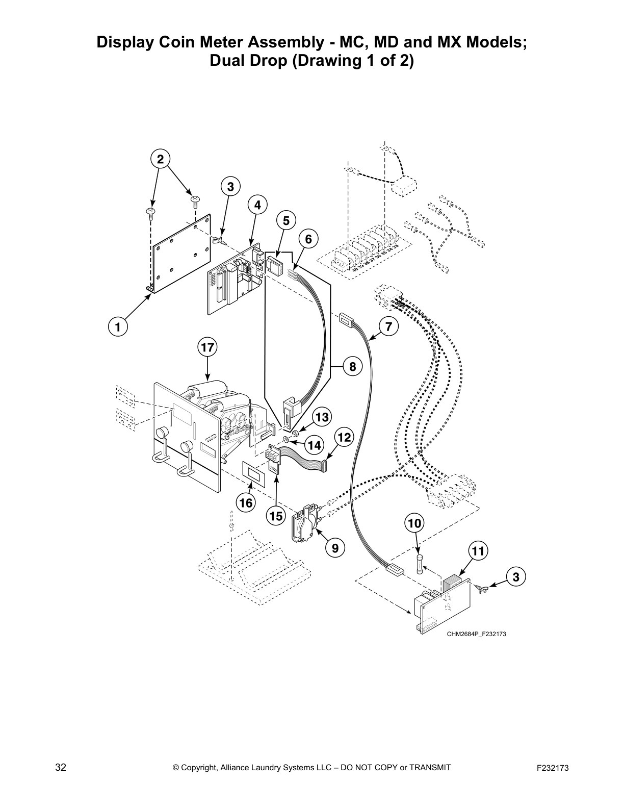 Display Coin Meter Assembly - MC, MD and MX Models;
Dual Drop (Drawing 1 of 2)
