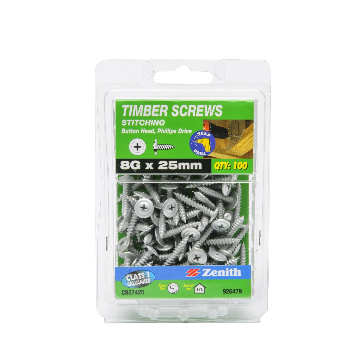 ZENITH® 8G x 25mm Class 3 Galvanised Stitching Screws – 100 Pack