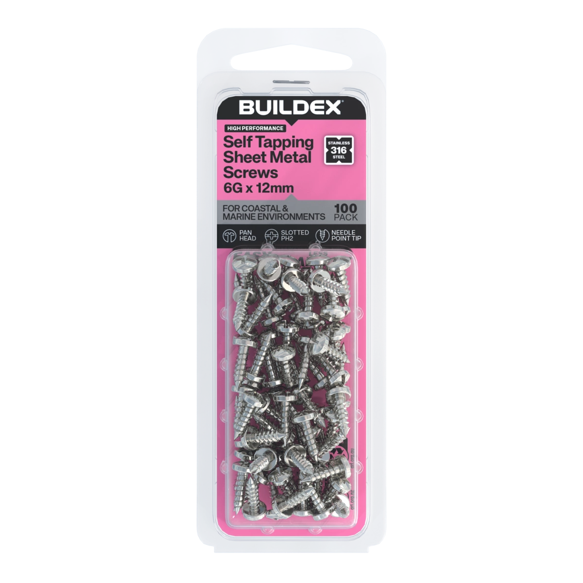 Buildex® 6G x 12mm SS316 Self Tapping Sheet Metal Screws – 100 Pack