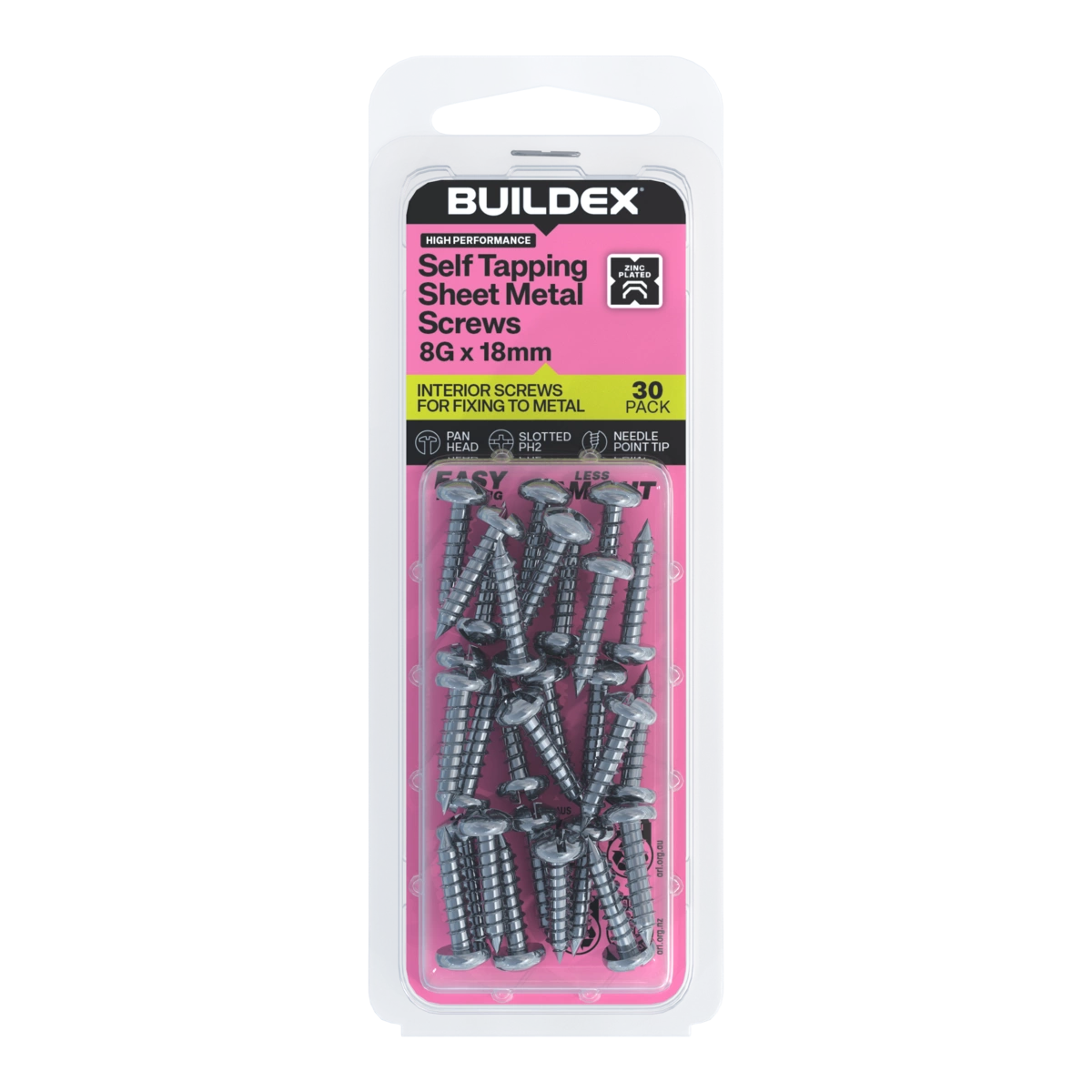 Buildex® 8G x 18mm Zinc Plated Self Tapping Sheet Metal Screws – 30 Pack