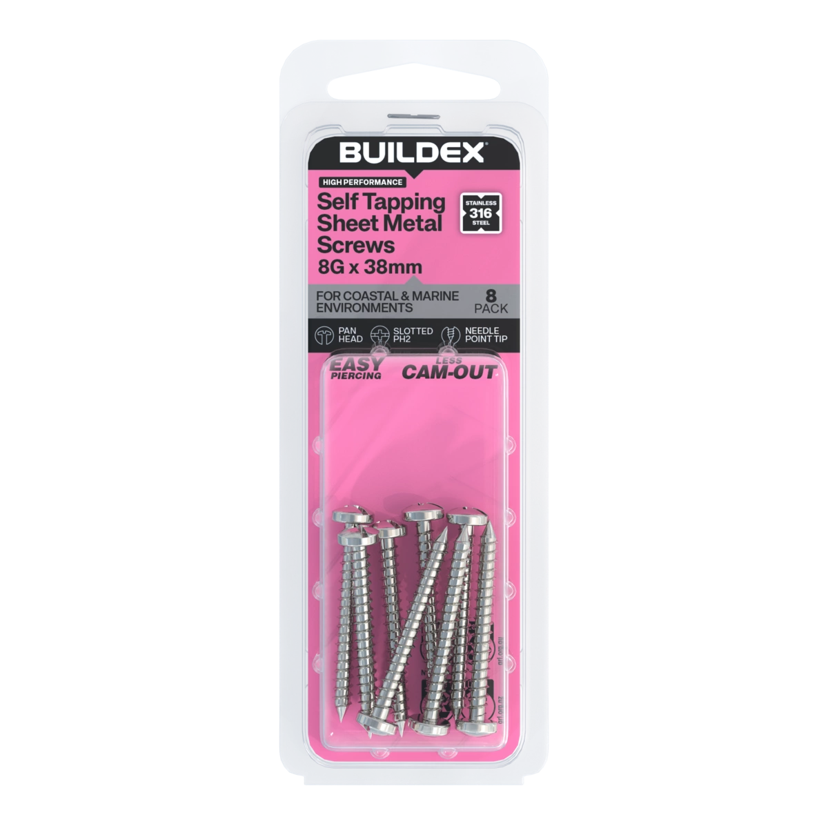 Buildex® 8G x 38mm SS316 Self Tapping Sheet Metal Screws – 8 Pack