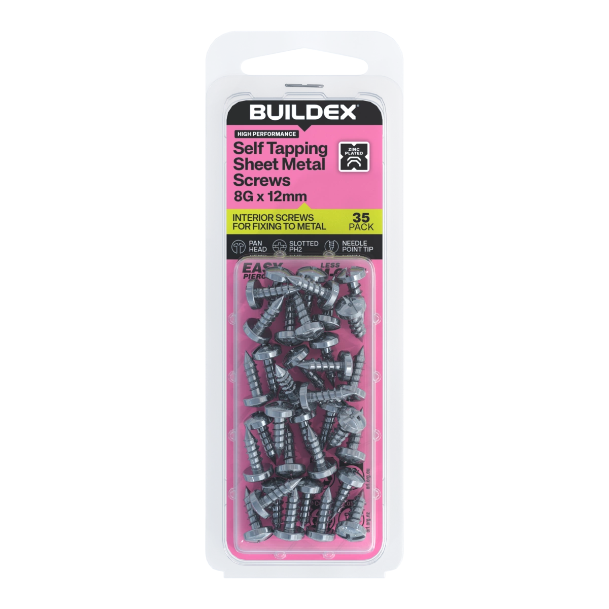 Buildex® 8G x 12mm Zinc Plated Self Tapping Sheet Metal Screws – 35 Pack