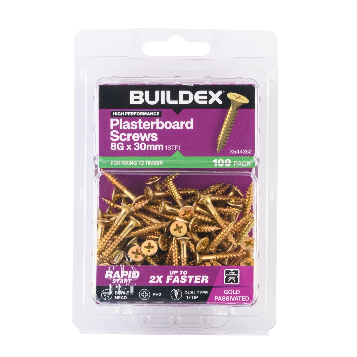 Buildex® 8G x 30mm Gold Passivated Plasterboard Screws – 100 Pack