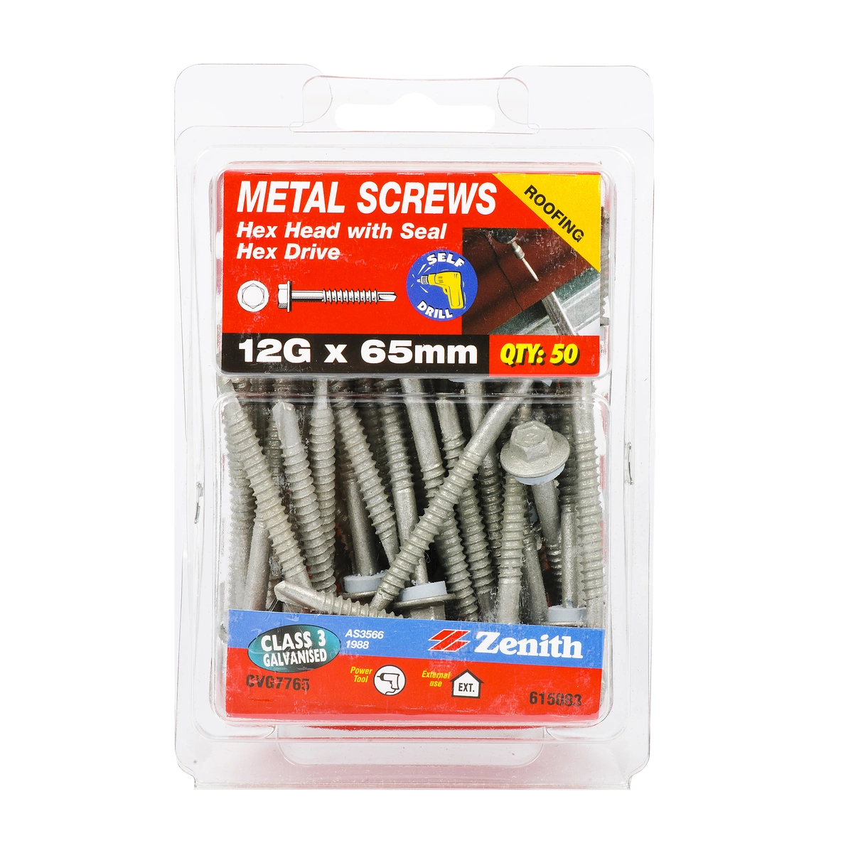 ZENITH® 12G x 65mm Class 3 Galvanised Cladding & Roofing Screws with Seal (Self Drilling) – 50 Pack