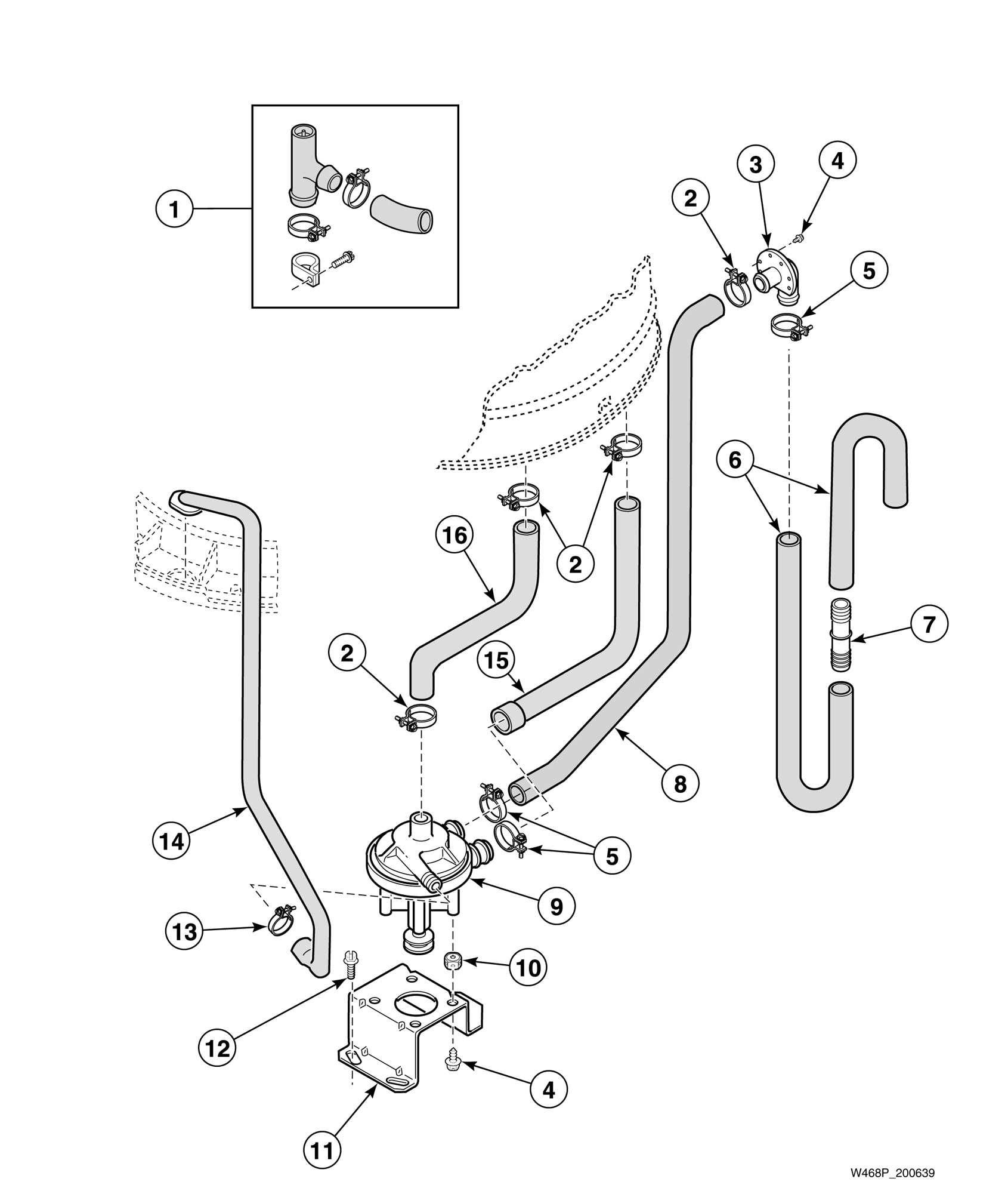 Pump Assembly, Bracket, Hoses and Siphon Break Kit (Drawing 1 of 2)