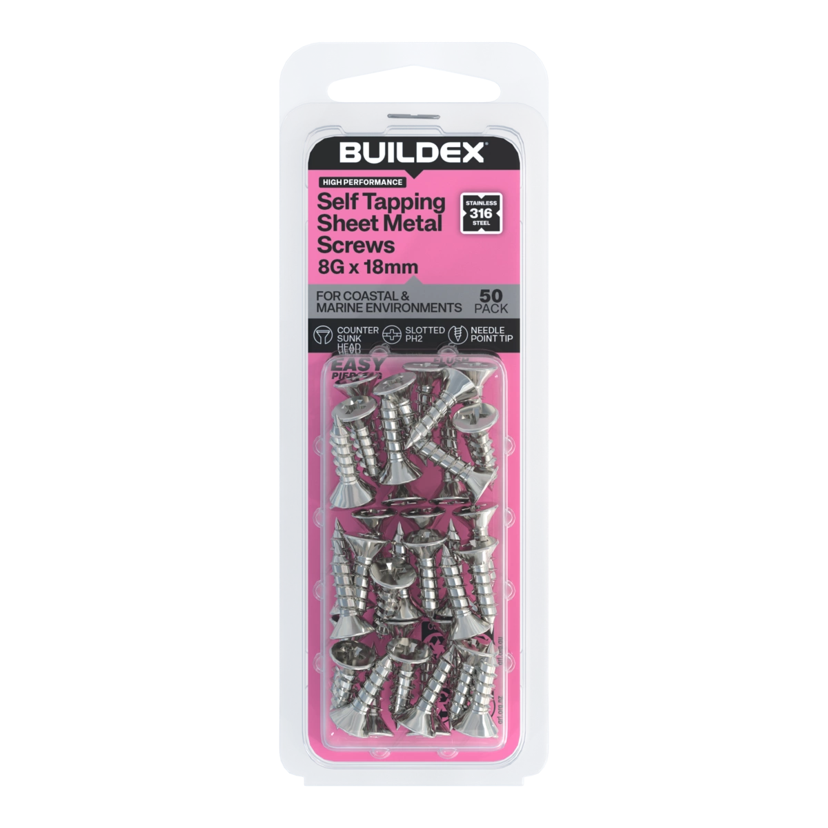 Buildex® 8G x 18mm SS316 Self Tapping Sheet Metal Screws – 50 Pack