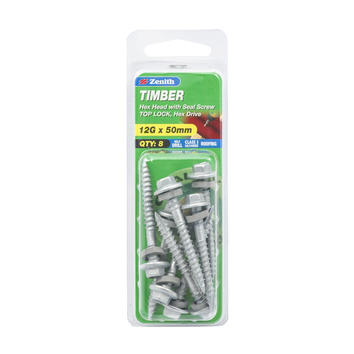 ZENITH® 12G x 50mm Class 3 Galvanised Cladding & Roofing Screws with Seal – 8 Pack