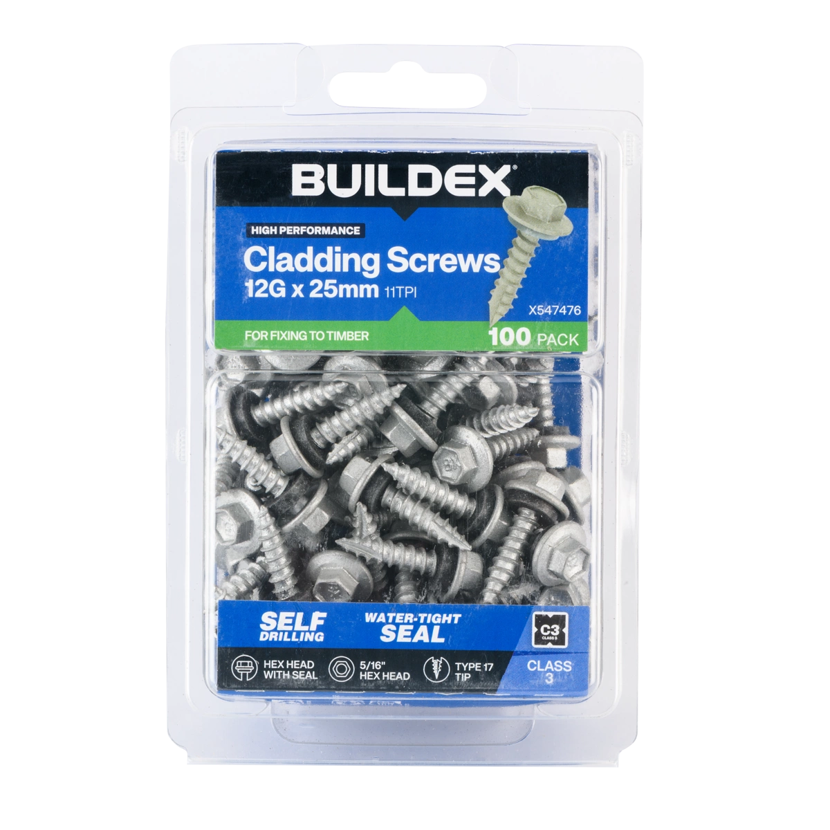 Buildex® 12G x 25mm Class 3 Cladding Screws with Seal – 100 Pack