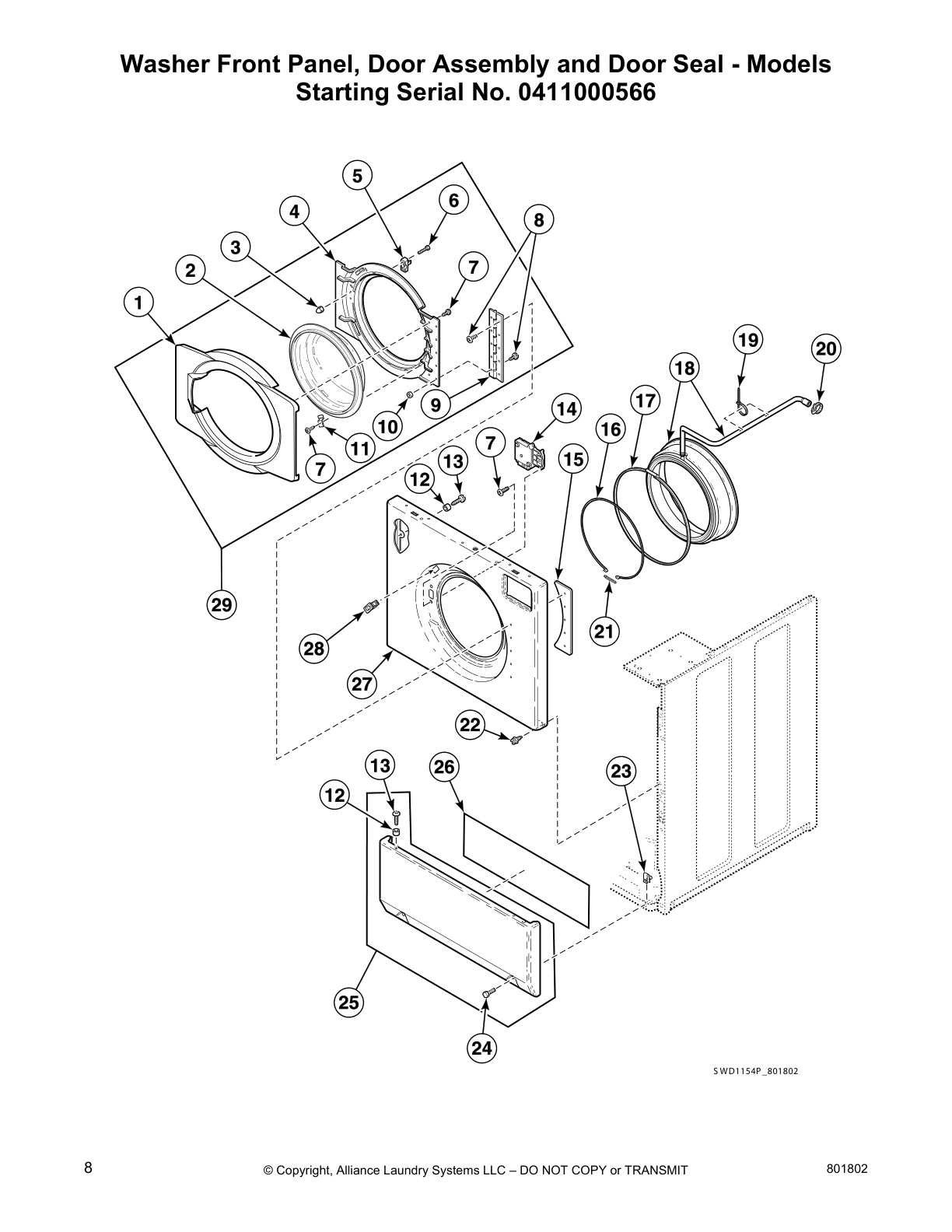 Washer Front Panel, Door Assembly and Door Seal - Models
Starting Serial No. 0411000566
