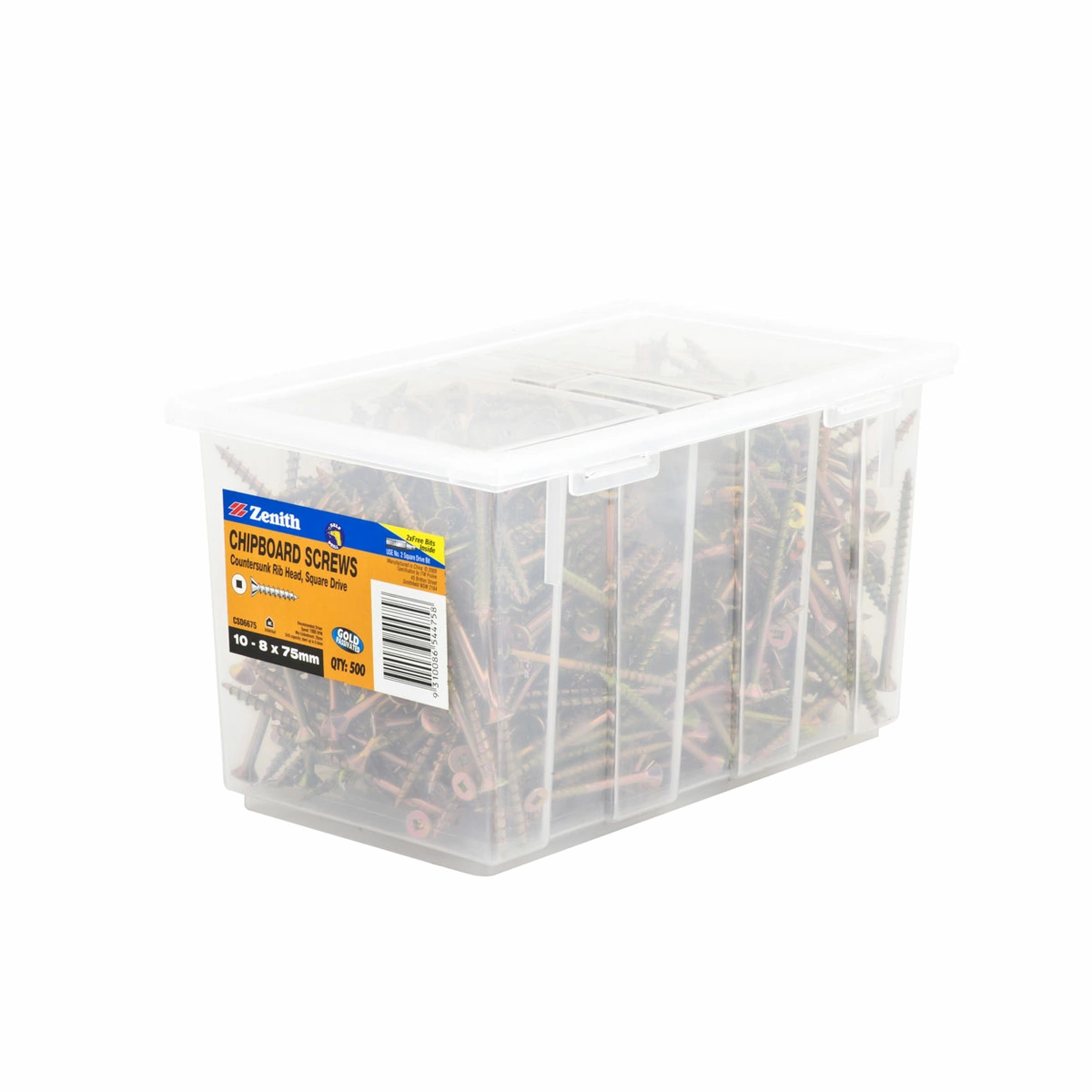ZENITH® 10G x 75mm Gold Passivated Chipboard Screws (Square Drive) – 500 Pack