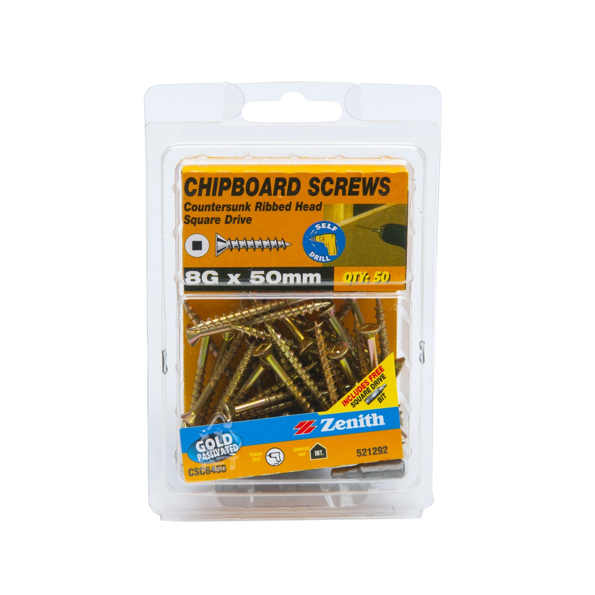 ZENITH® 8G x 50mm Gold Passivated Chipboard Screws (Square Drive) – 50 Pack