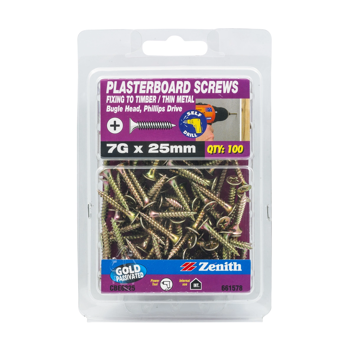 ZENITH® 7G x 25mm Gold Passivated Plasterboard Screws – 100 Pack