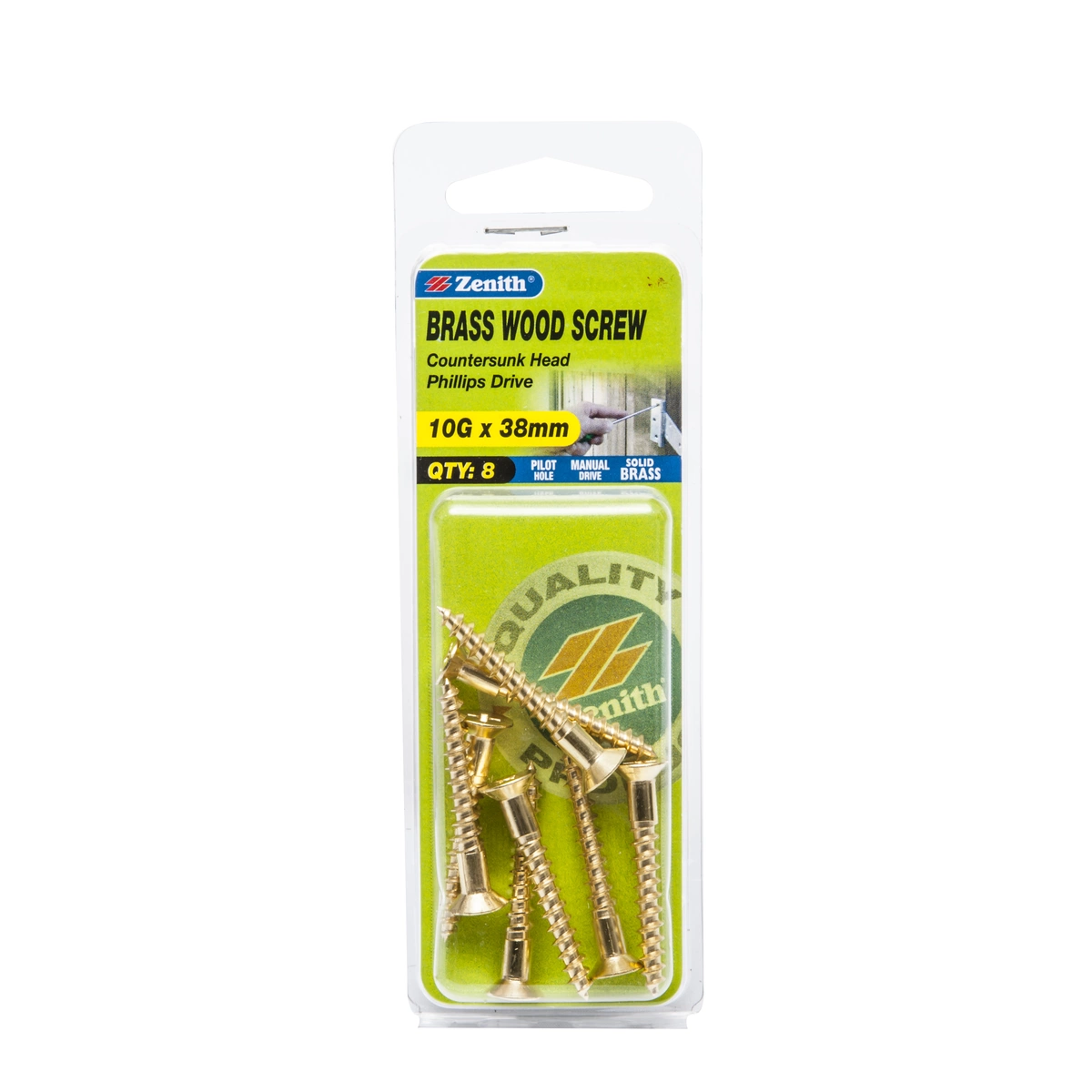 ZENITH® 10G x 38mm Solid Brass Wood Screws – 8 Pack