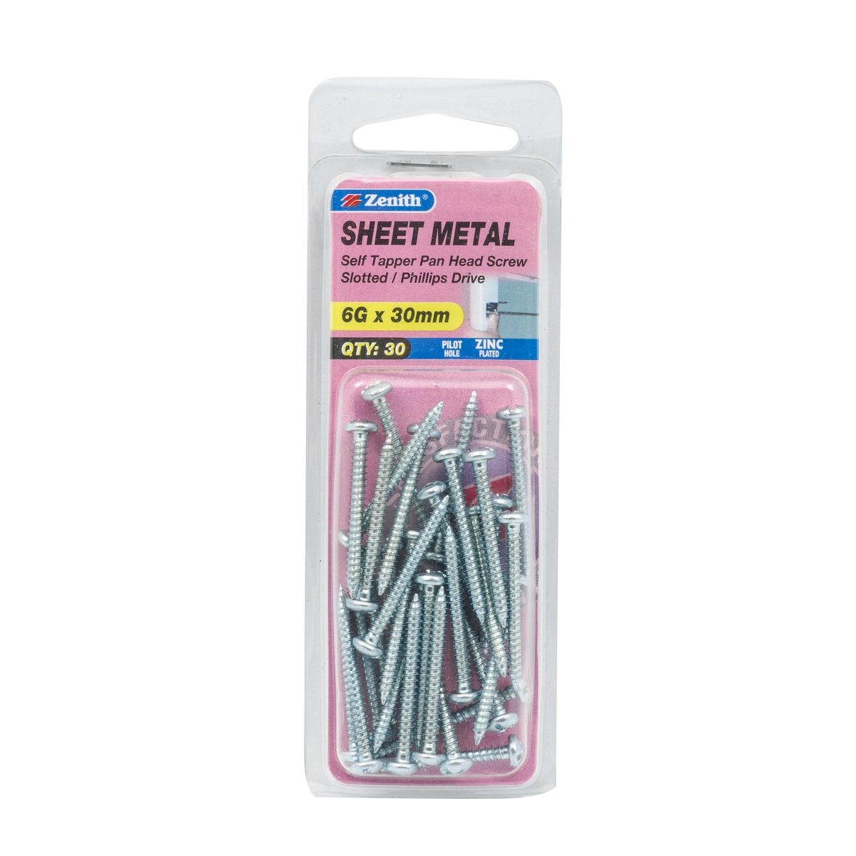 ZENITH® 6G x 30mm Zinc Plated Sheet Metal Screws – 30 Pack