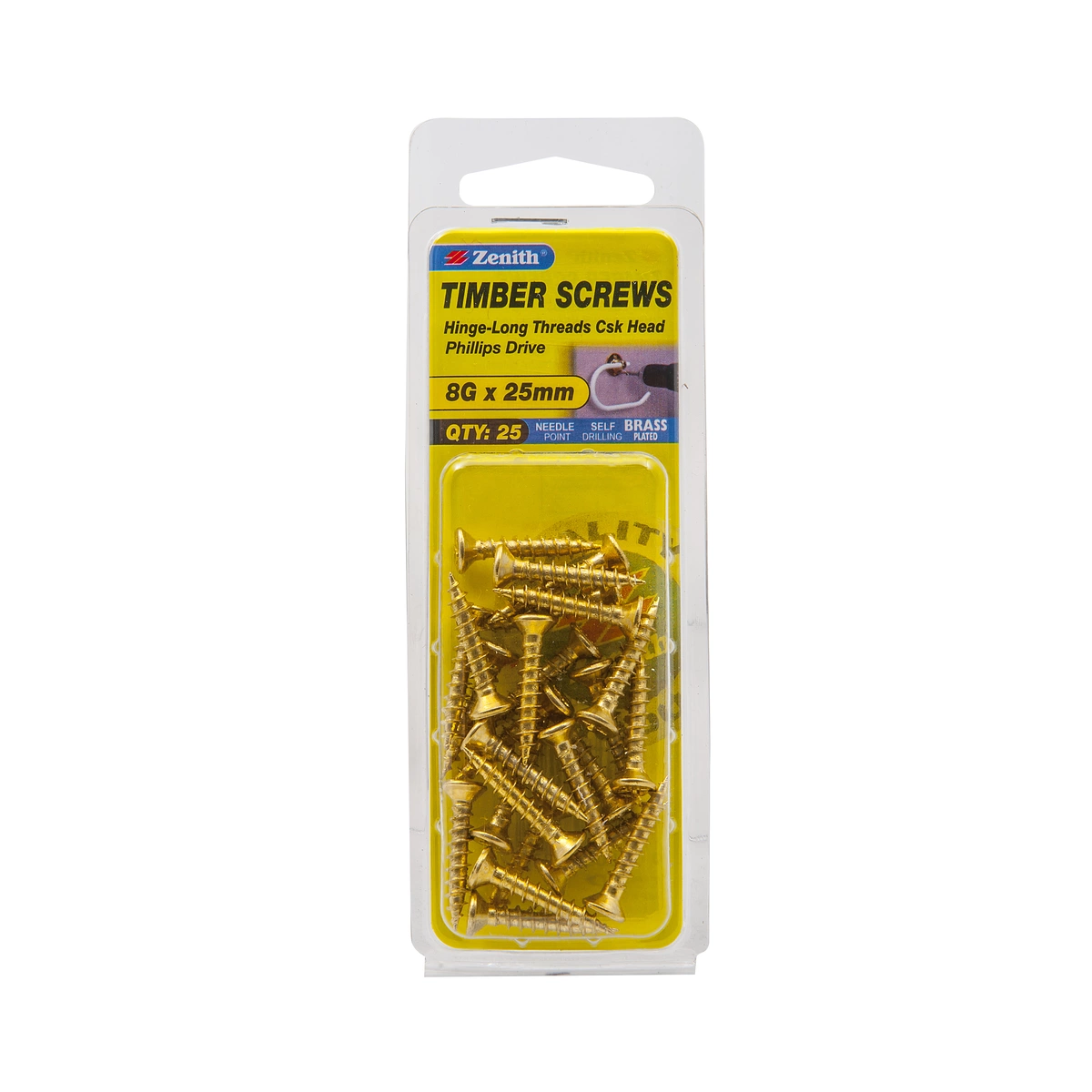 ZENITH® 8G x 25mm Brass Plated Timber Screws – 25 Pack