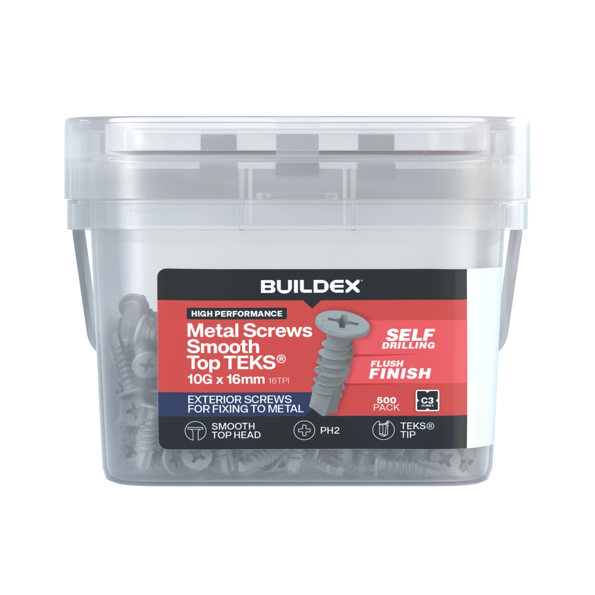 Buildex® 10G x 16mm Class 3 Galvanised Smooth Top TEKS® Screws – 500 Pack