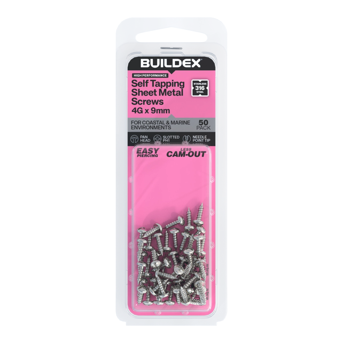 Buildex® 4G x 9mm SS316 Self Tapping Sheet Metal Screws – 50 Pack