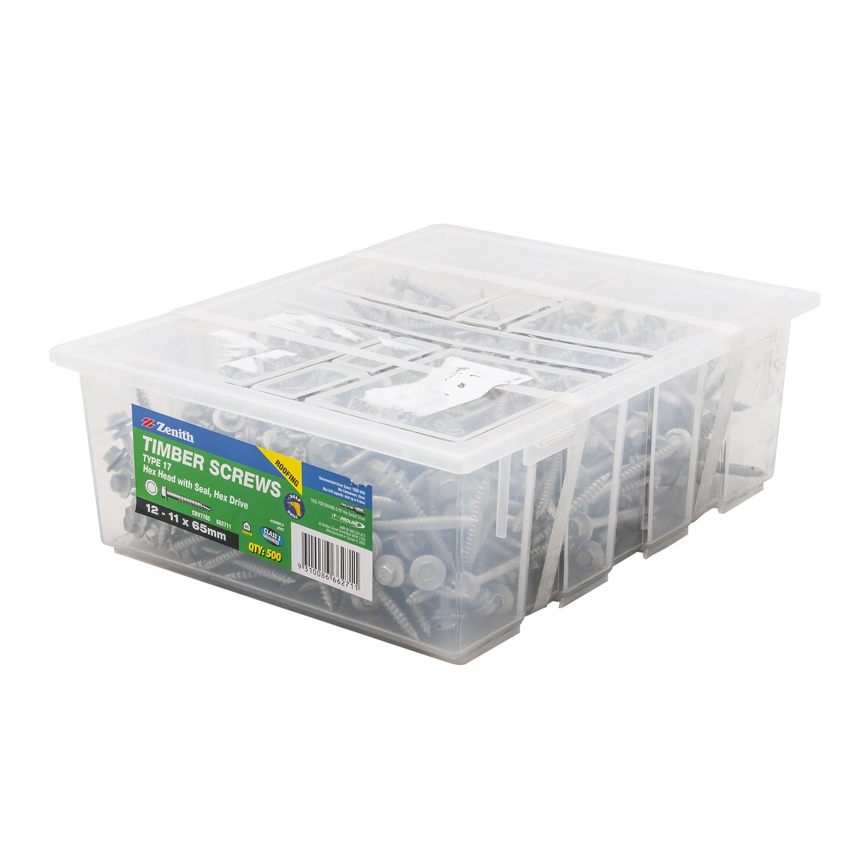 ZENITH® 12G x 65mm Class 3 Galvanised Cladding & Roofing Screws with Seal – 500 Pack