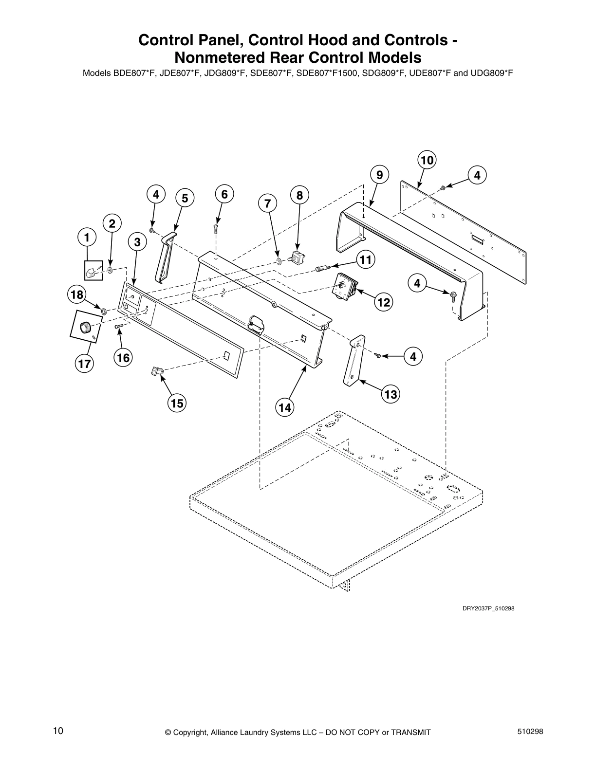 Control Panel, Control Hood and Controls -
Nonmetered Rear Control Models