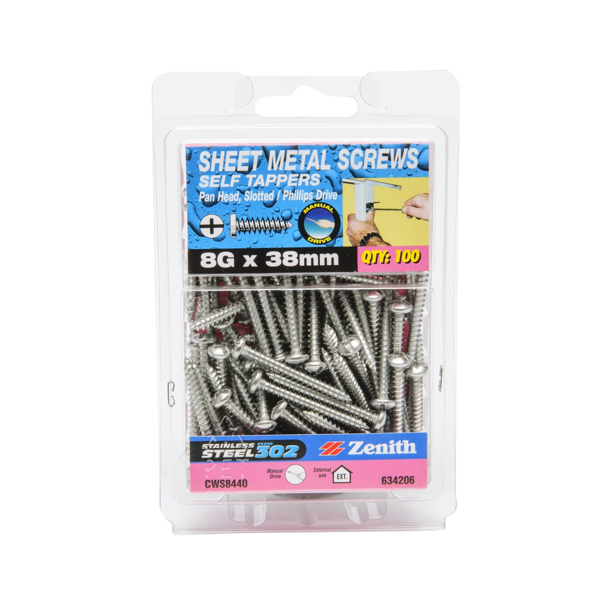 ZENITH® 8G x 38mm 304 Stainless Steel Sheet Metal Screws – 100 Pack