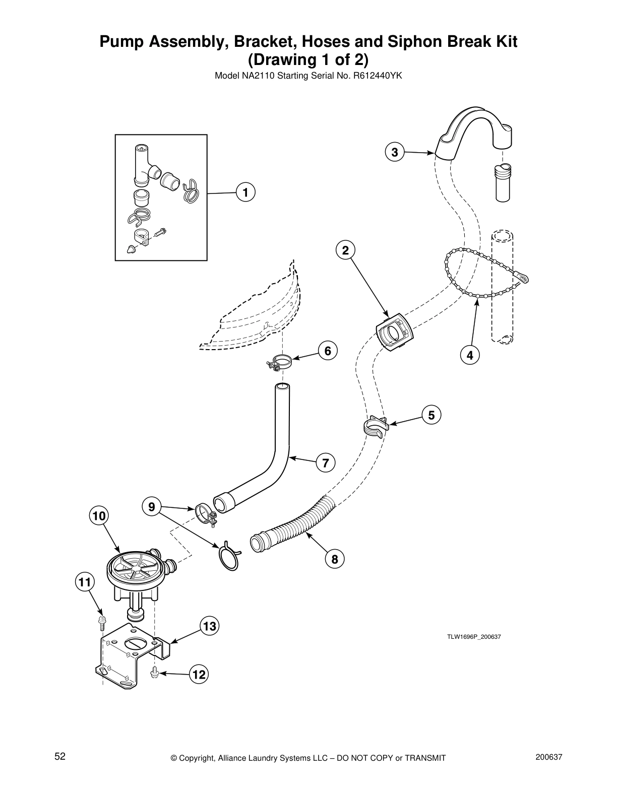 Pump Assembly, Bracket, Hoses and Siphon Break Kit
(Drawing 1 of 2)