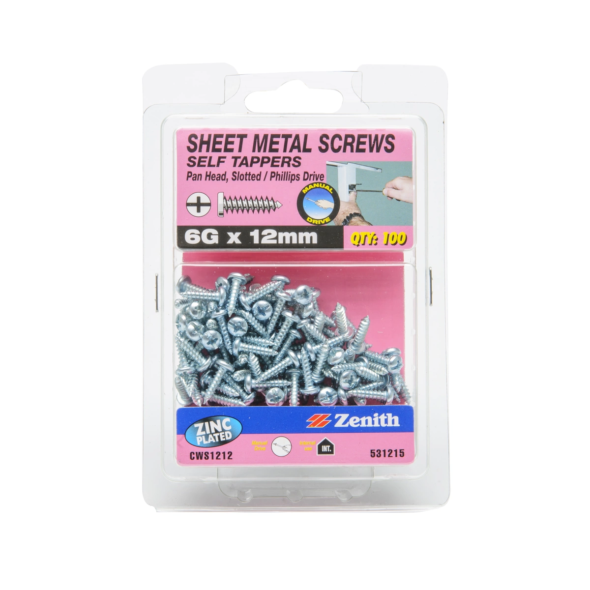 ZENITH® 6G x 12mm Zinc Plated Sheet Metal Screws – 100 Pack